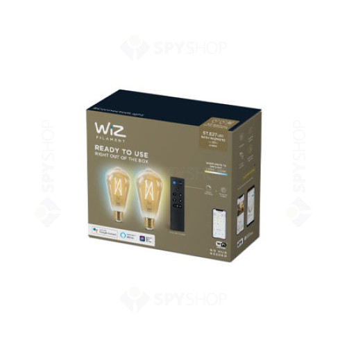 Set 2 becuri LED vintage inteligente WiZ Connected, Wi-Fi/Bluetooth, 6.7W, 640 lm, 2000-5000K, Variator inclus