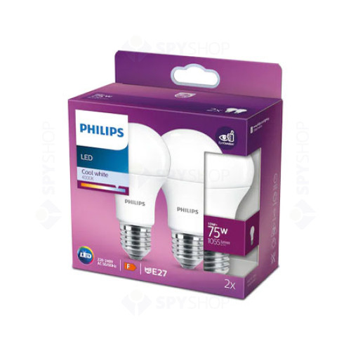 Set 2x becuri LED Philips, EyeComfort, E27, 10W, 1055 lm, lumina rece 4000K