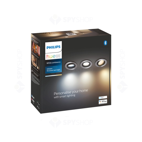 Set 3 spoturi LED Philips Milliskin, 3x5.7 W, GU10, 1050 lm, 15000 ore, 2200K-6500K, Bluetooth