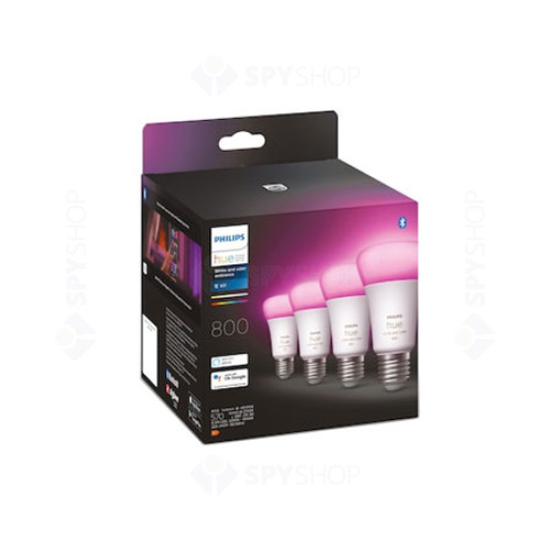 Set 4 becuri LED RGB inteligente Philips Hue, Dimabil, Bluetooth, Zigbee, 6.5 W, 806 lm, 2000-6500K