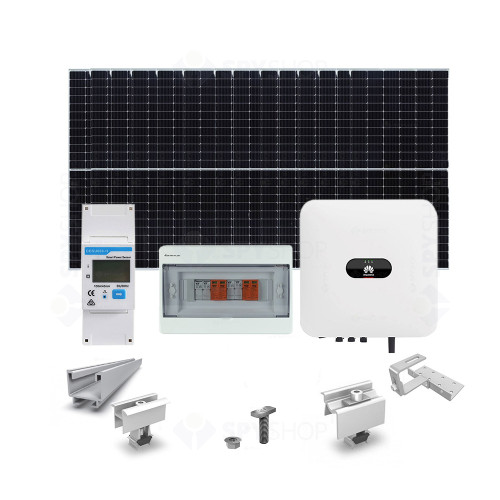 Sistem fotovoltaic complet 5 kW, invertor Monofazat Hibrid si 14 panouri Canadian Solar, 120 celule, 375 W, montare pe acoperis din tigla