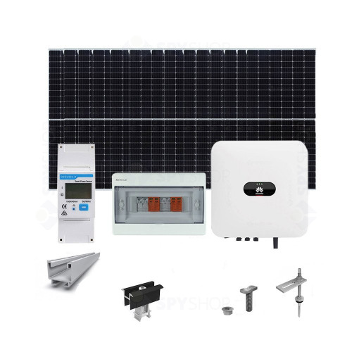 Sistem fotovoltaic 5 kW, invertor Monofazat Hibrid si 12 panouri Canadian Solar, 120 celule, 455 W, pe structura de metal