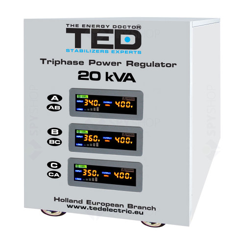 Stabilizator de tensiune cu servomotor trifazat-trifazat TED DZ085121, 20000 VA, 16000 W, 400 VAC, regleta