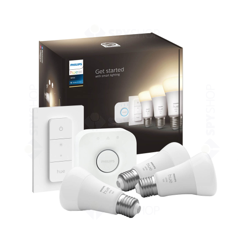 Starter kit iluminare smart Philips Hue White A60, 3x9.5 W, 1055 lm, E27, 25000 ore, 2700K