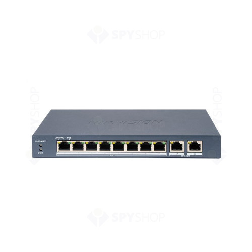Switch 8 porturi PoE Hikvision DS-3E0310P-E/M(B), 2x Gigabit, 80W, 5.6 Gbps, 10 Mbps, 8000 MAC, fara management