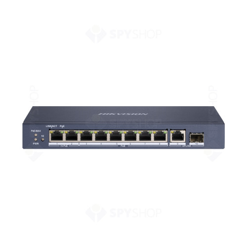 Switch cu 10 porturi Hikvision DS-3E0510HP-E, 4000 MAC, 20 Gbps, 8 porturi PoE, Hi-PoE, fara management