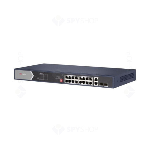 Switch cu 16 porturi Gigabit Hikvision DS-3E0520HP-E, 2 porturi fibra optica, 40 Gbps, 29.76 Mpps, 8000 MAC, PoE, fara management