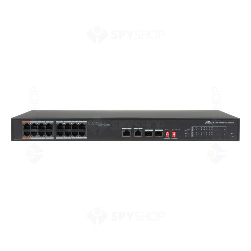 Switch cu 16 porturi PoE Dahua PFS3218-16ET-135, 8000 MAC, 7.2 Gbps, fara management, PoE Watchdog