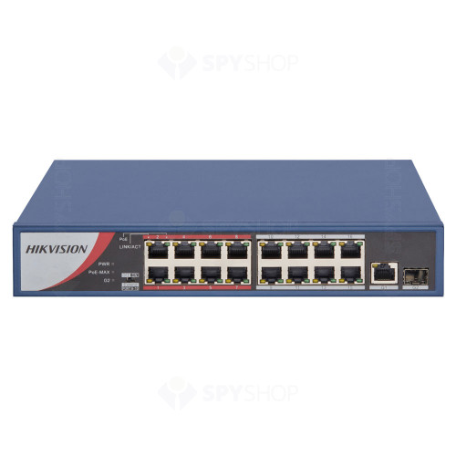 Switch cu 16 porturi PoE Hikvision DS-3E0318P-E/M (B), 4000 MAC, 1xSFP, fara management