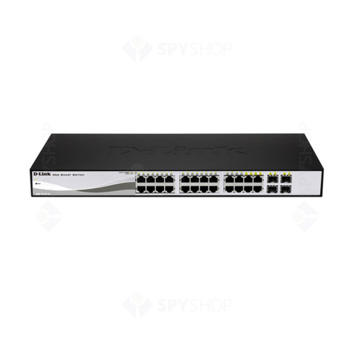 Switch cu 24 porturi D-Link DGS-1210-24P, 4 porturi SFP, 56 Gbps, 41.7 Mpps, 8.000 MAC, 1U, PoE, cu management
