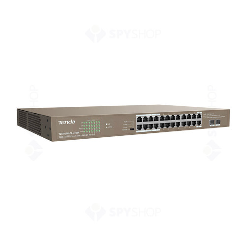 Switch cu 24 porturi Tenda TEG1126P-24-410W, 2 porturi SFP, 48 Gbps, 35.7 Mpps, 8.000 MAC, PoE, fara management