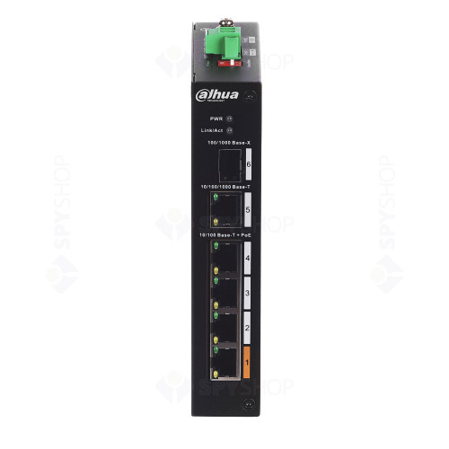 Switch cu 4 porturi Dahua PFS3106-4ET-60-V2, 1 port SFP, 6.80 Gbps, 3.57 Mpps, 8.000 MAC, Hi-PoE, fara management
