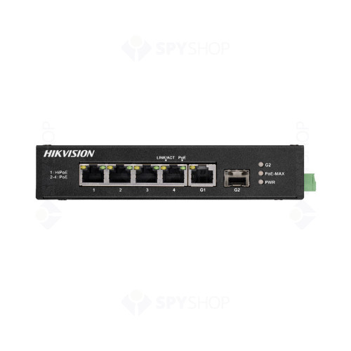 Switch cu 4 porturi Hikvision DS-3T0306HP-E/HS, 1 port Hi-PoE, 1 port Gigabit SFP, 4.8 Gbps, 3.5712 Mpps, 2.000 MAC, fara management