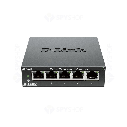 Switch cu 5 porturi D-Link DES-105, 10/100Mbps, 0.74 Mpps, 2.000 MAC, fara management