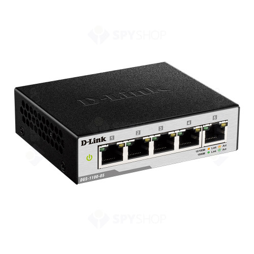 Switch cu 5 porturi D-Link DGS-1100-05, 10 Gbps, 7.4 Mpps, 2.048 MAC, cu management