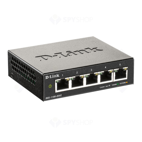 Switch cu 5 porturi D-Link DGS-1100-05V2, 10 Gbps, 7.44 Mpps, 8.000 MAC, cu management