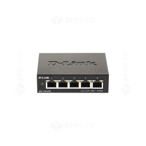 Switch cu 5 porturi Gigabit D-Link DGS-1100-05PDV2, 10 Gbps, 7.44 Mpps, PoE, cu management