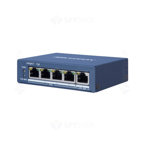 Switch cu 4 porturi Hikvision DS-3E0505P-E/M, 1 port uplink, 10 Gbps, 7.44 Mpps, 2.000 MAC, fara management, PoE