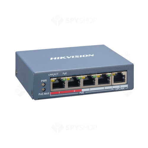 Switch cu 5 porturi Hikvision DS-3E1105P-EI, 1 Gbps, 0.744 Mpps, 2000 MAC, PoE, cu management