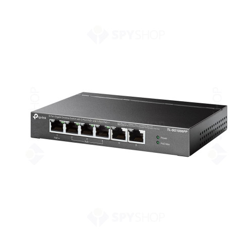 Switch cu 6 porturi Gigabit TP-link TL-SG1006PP, 12 Gbps, 8.928 Mpps, 250 m, fara management, plug&play, PoE+