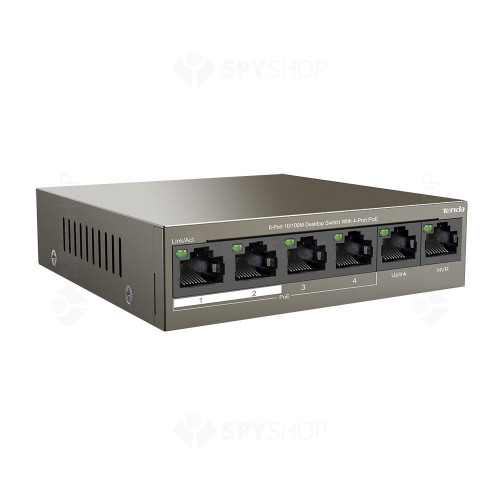 Switch cu 6 porturi Tenda TEF1106P-4-63W, 1.2 Gbps, 0.89 Mpps, 1000 MAC, PoE, fara management
