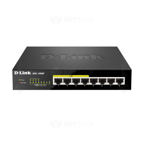 Switch cu 8 porturi D-Link DGS-1008P, 4 porturi PoE, 16 Gbps, 11.9 Mpps, 8.000 MAC, PoE, fara management