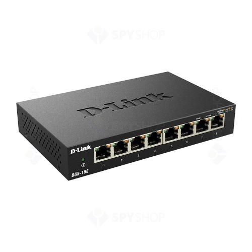 Switch cu 8 porturi D-Link DGS-108, 16 Gbps, 11.9 Mpps, 8.000 MAC, fara management