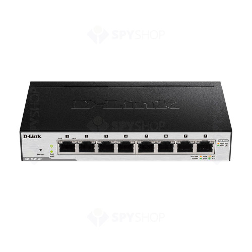 Switch cu 8 porturi D-Link DGS-1100-08P, 16 Gbps, 11.9 Mpps, 8.000 MAC, PoE, cu management