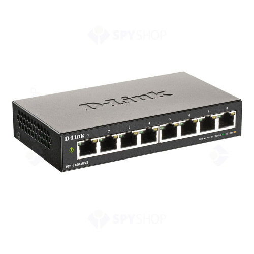 Switch cu 8 porturi D-Link DGS-1100-08V2, 16 Gbps, 11.9 Mpps, 4.000 MAC, cu management