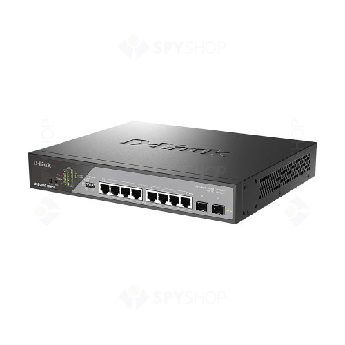Switch cu 8 porturi Gigabit D-Link DSS-200G-10MP, 2 porturi SFP, 20 Gbps, 14.88 Mpps, 8.000 MAC, 1U, PoE, cu management 