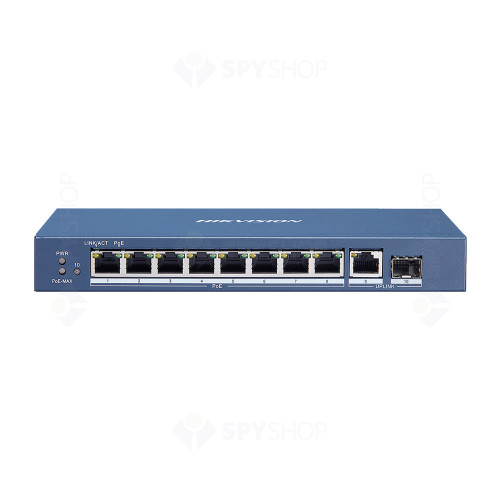 Switch cu 8 porturi Gigabit Hikvision DS-3E0510P-E/M, 1 port SFP, 20 Gbps, 14.88 Mpps, 4.000 MAC, PoE, fara management