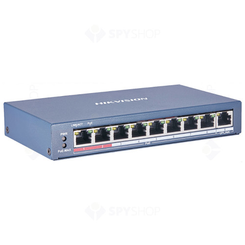 Switch cu 8 porturi PoE Hikvision DS-3E0109P-E(C), 2000 MAC, 100 Mbps, fara management