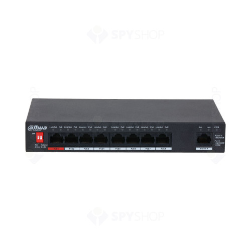 Switch cu 9 porturi Dahua PFS3009-8ET1GT-96-V2, 2000 MAC, 3.6 Gbps, fara management, 250 m, PoE