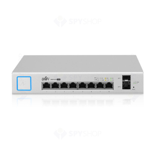 Switch Gigabit cu 8 porturi Ubiquiti UniFi US-8-150W, 20 Gbps, 2 porturi SFP, cu management, PoE