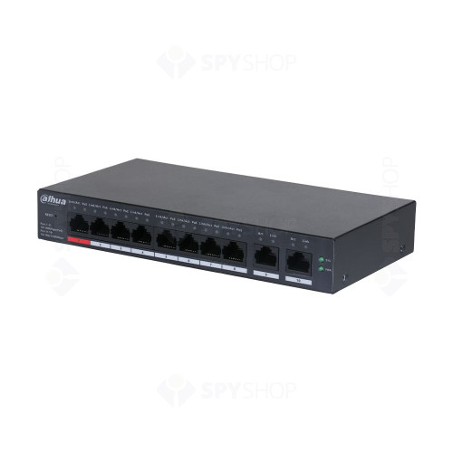 Switch cu 10 porturi Dahua CS4010-8ET-110, 8 porturi PoE 10/100 Mbps, 2 porturi SFP Gigabit, cu cloud management