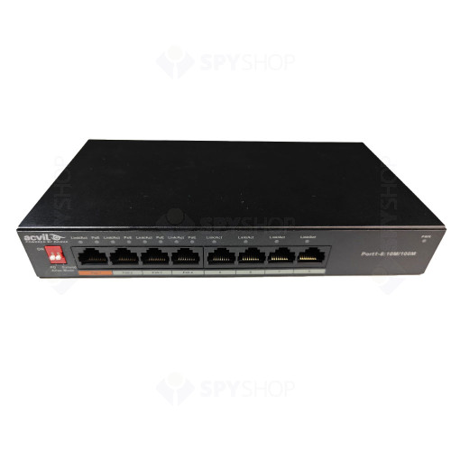 Switch cu 8 porturi Acvil PFS-8POE, 1 port uplink, 1.8 Gbps, 1.34 Mbps, 2000 MAC, fara management