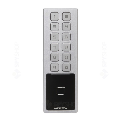 Tastatura standalone cu cititor card pentru control acces Hikvision DS-K1T805MX, MF 13.56 MHz, compatibil HikConnect, PIN/card, tamper, aparent