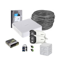 Sistem supraveghere exterior complet HikVision, 2 camere, 5 MP, lumina alba 20 m, 2.8 mm, stroboscop, HDD 1TB
