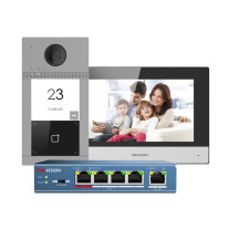 Kit videointerfon WiFi Hikvision DS-KIS604-S(C), 2 MP, 7 inch, Mifare, 2.4 GHz, 1 familie, aparent, PoE