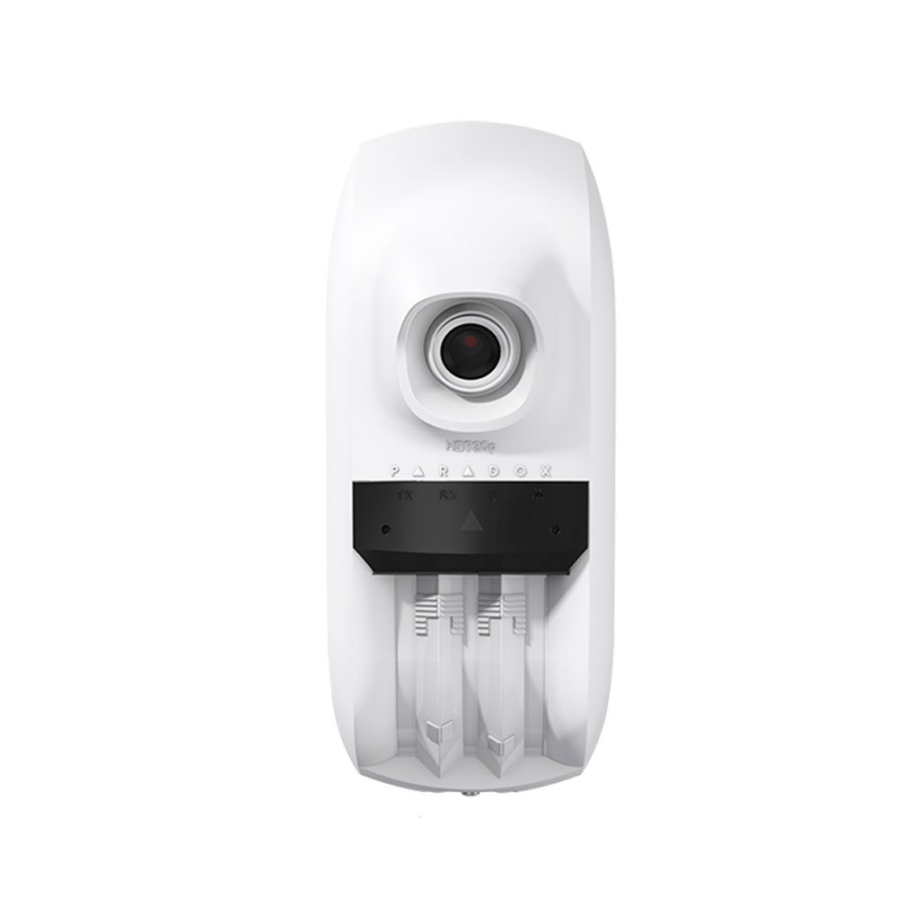 Detector de miscare exterior dual PIR cu camera video Paradox HD88, 1 MP, IR 10 m, PIR 12×12 m, 91×110 grade, Ethernet/Wi-Fi, pet immunity