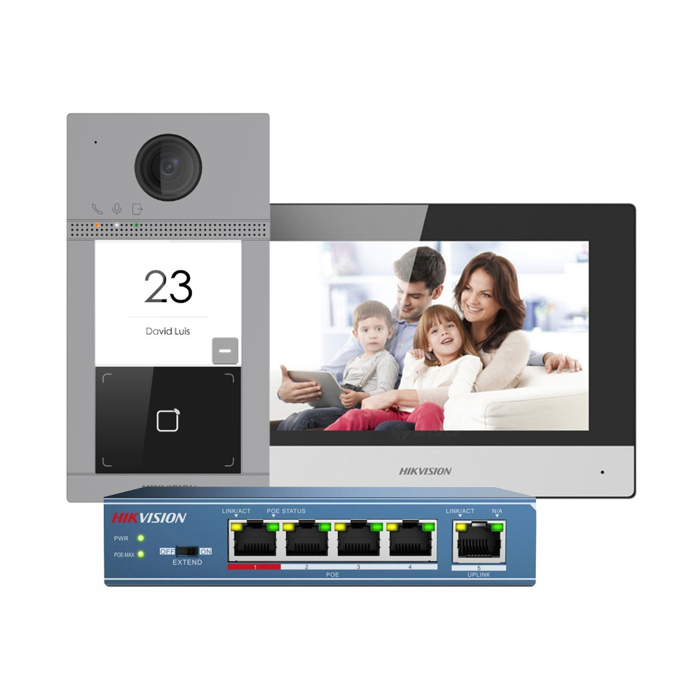 Kit videointerfon WiFi Hikvision DS-KIS604-S, 2 MP, 7 inch, Mifare, 2.4 GHz, 1 familie, aparent, PoE Hikvision imagine noua idaho.ro