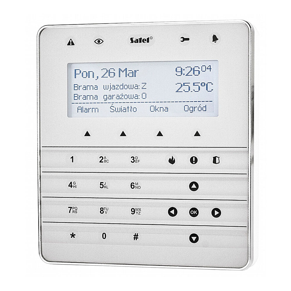 Tastatura LCD cu touch Satel INT-KSG-SSW, 3 butoane functionale, buzzer, functie MACRO alarma