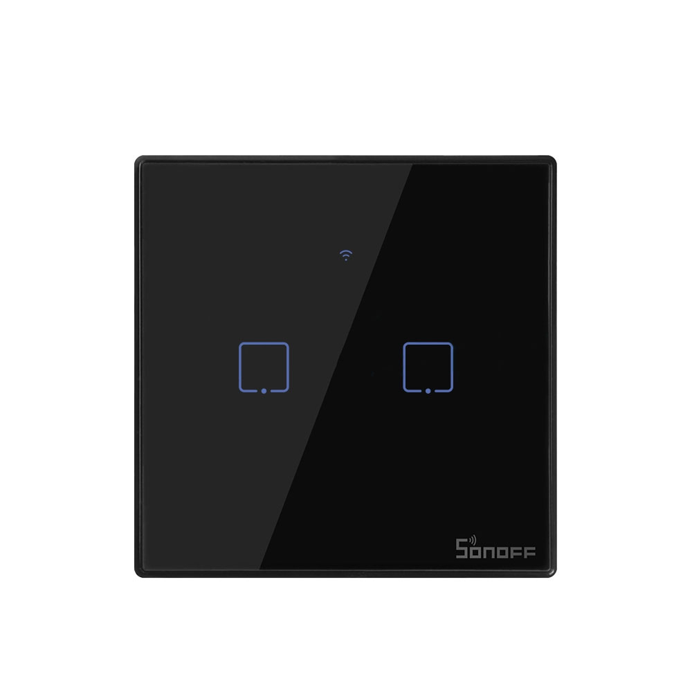 Intrerupator touch smart dublu WiFi Sonoff TX T3EU2C, 2.4 GHz, 433 MHz, negru