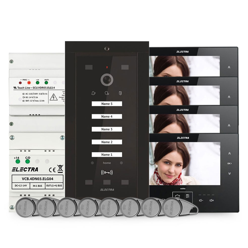 Kit videointerfon Electra Home EL-VINT-HOME-4-7, RFID, 4 familii, ecran 7 inch, 800 TVL, aparent/ingropat 800 imagine noua