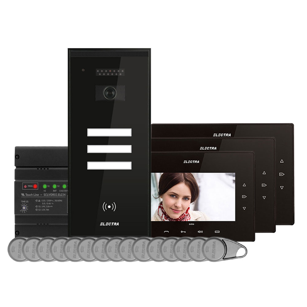 Kit videointerfon Electra Touch Line Extra VKE.P3SR.T7S9.ELB04, RFID, 3 familii, aparent, 7 inch Electra imagine noua tecomm.ro