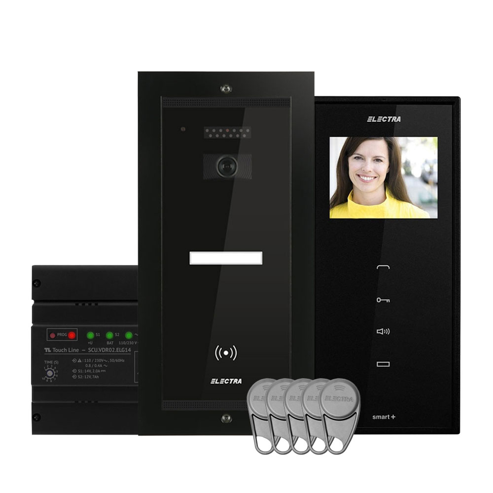 Kit videointerfon Electra Touch Line Smart+ VKM.P1FR.T3S4.ELB04, RFID, 1 familie, ingropat, 3.5 inch Electra imagine 2022