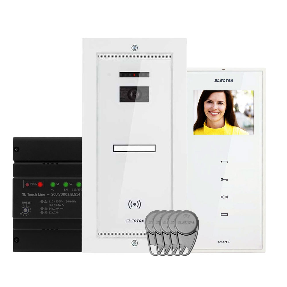 Kit videointerfon Electra Touch Line Smart+ VKM.P1FR.T3S4.ELW04, RFID, 1 familie, ingropat, 3.5 inch Electra imagine noua