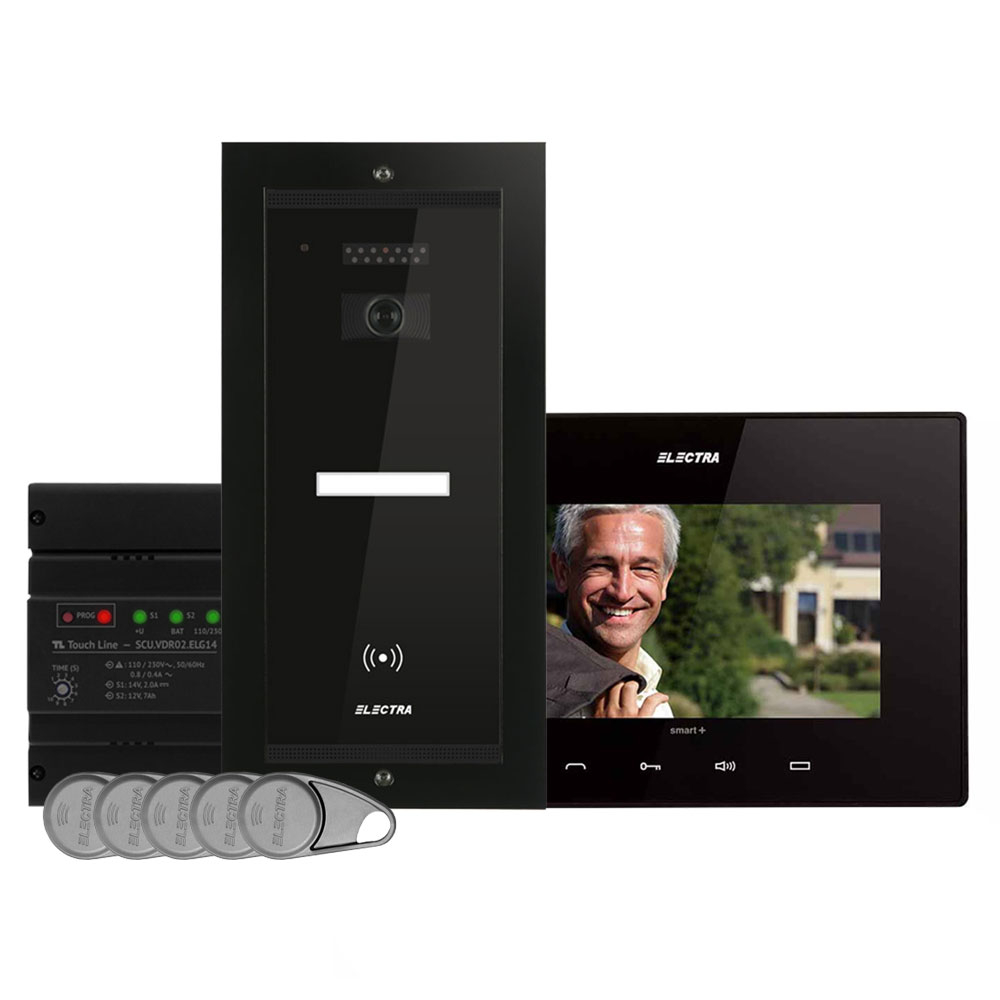 Kit videointerfon Electra Touch Line Smart+ VKM.P1FR.T7S4.ELB04, RFID, 1 familie, ingropat, 7 inch Electra imagine noua