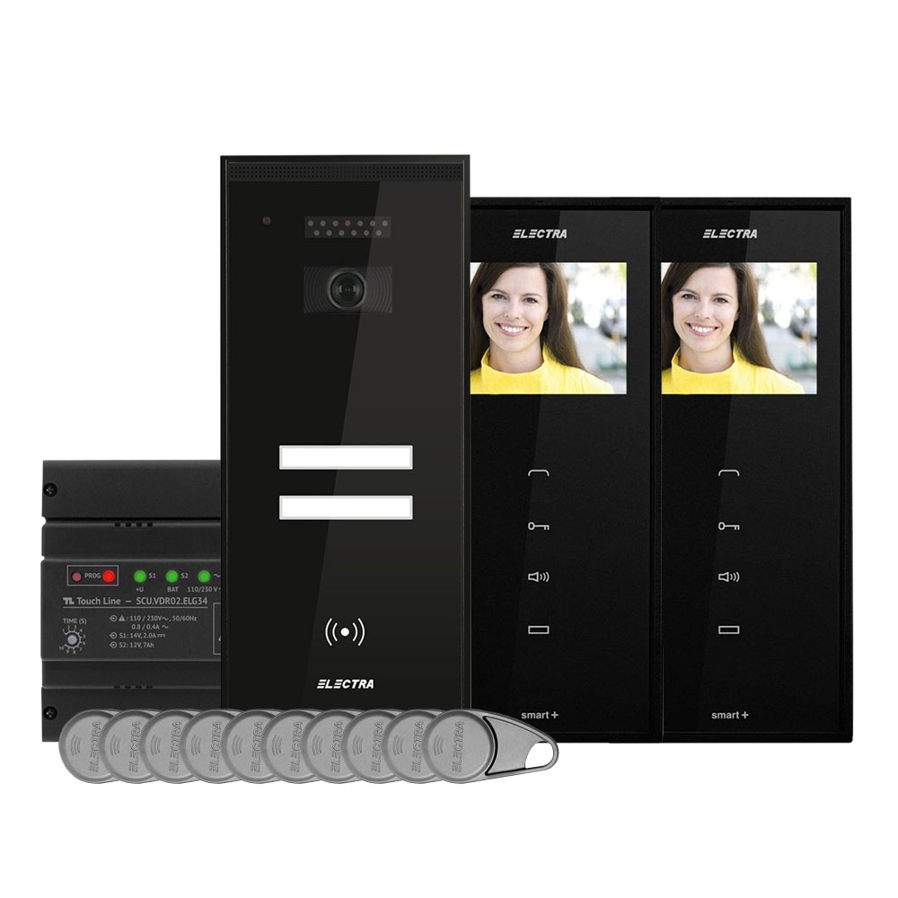 Kit videointerfon Electra Touch Line Smart+ VKM.P2SR.T3S4.ELB04, RFID, 2 familii, aparent, 3.5 inch Electra imagine 2022