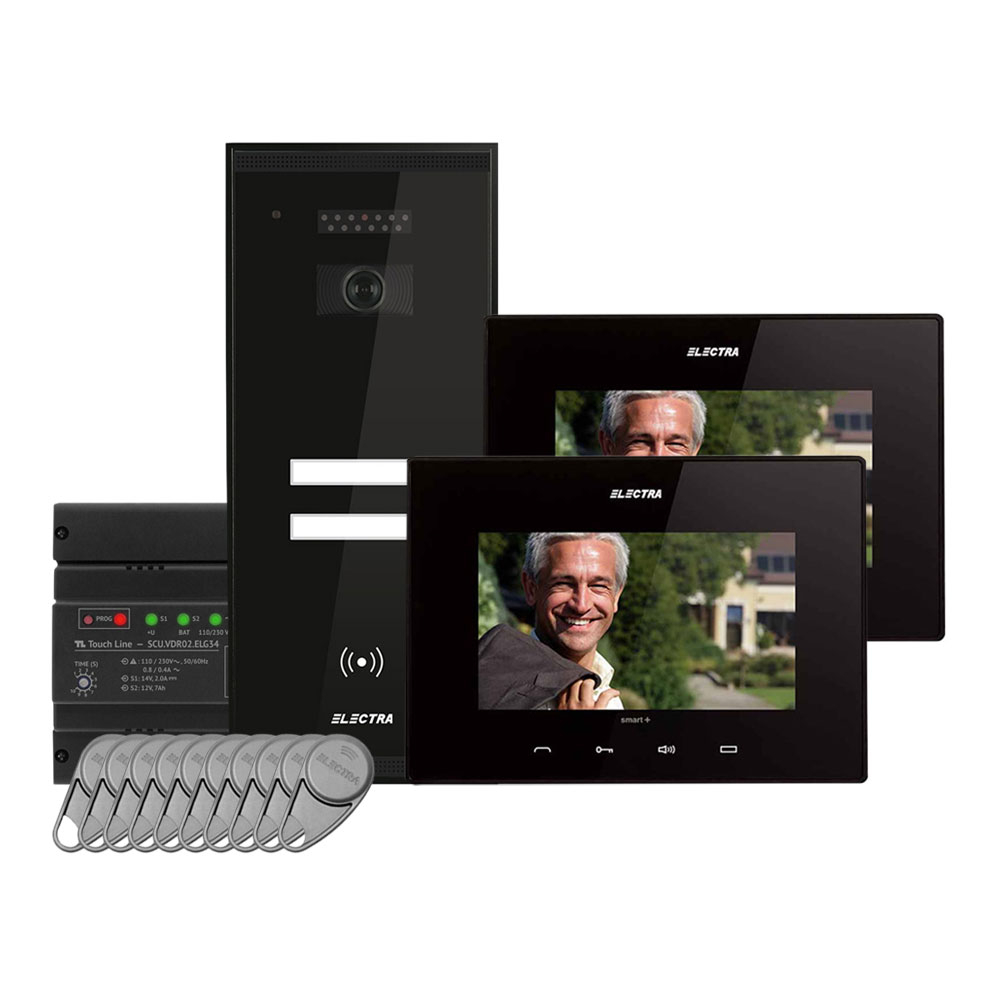 Kit videointerfon Electra Touch Line Smart+ VKM.P2SR.T7S4.ELB04, RFID, 2 familii, aparent, 7 inch de la Electra